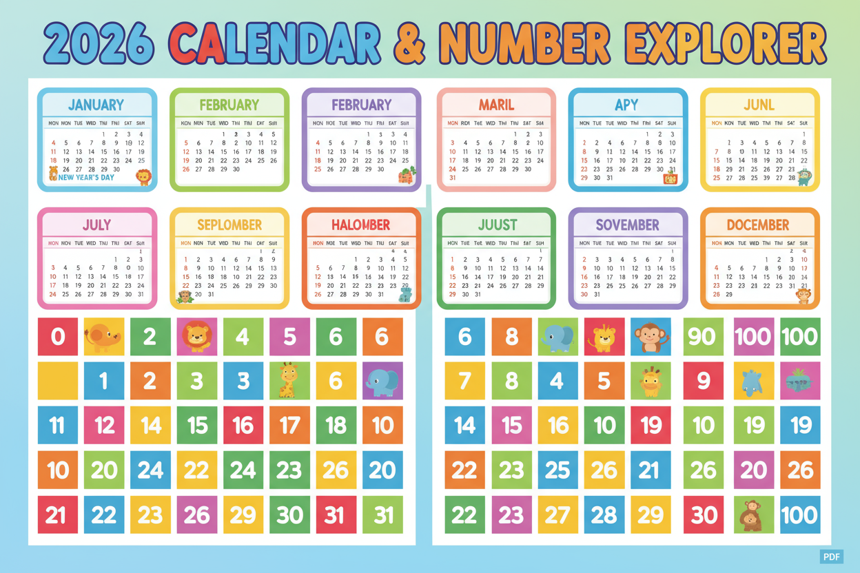 Calendrier 2026 annuel avec tableau des chiffres 0-100