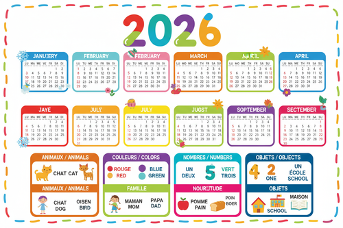 Calendrier éducatif 2026 bilingue français-anglais