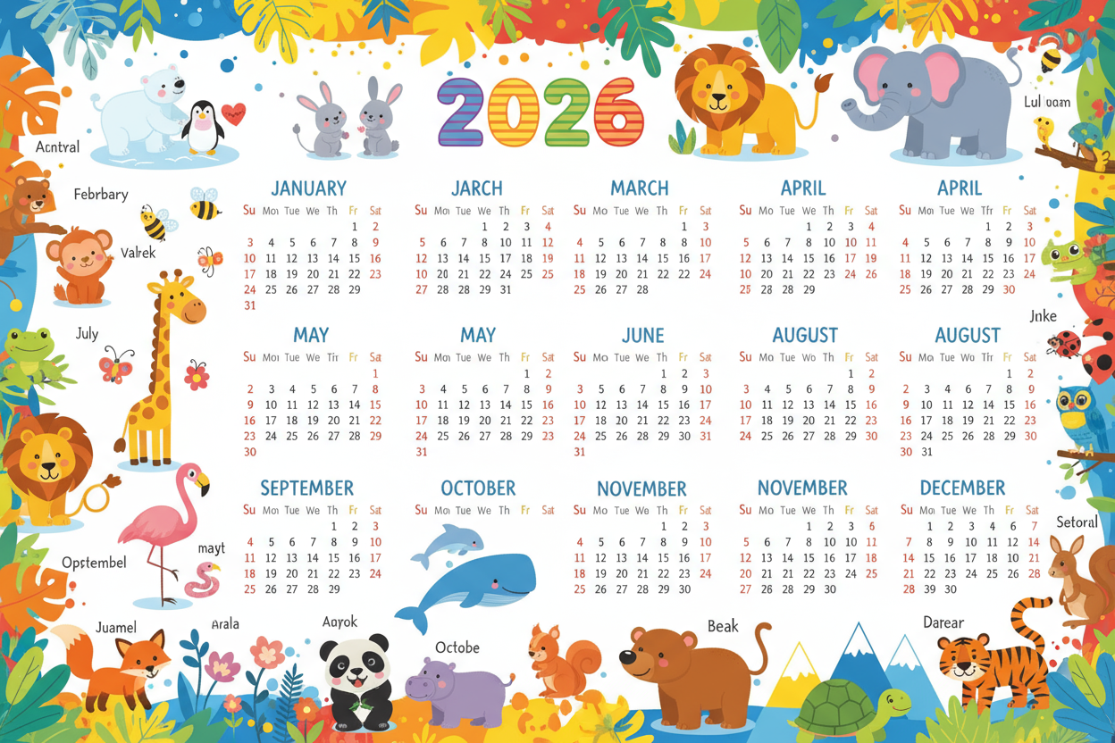 Calendrier éducatif 2026 pour enfants - Nombreux animaux
