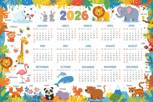 Calendrier éducatif 2026 pour enfants - Nombreux animaux